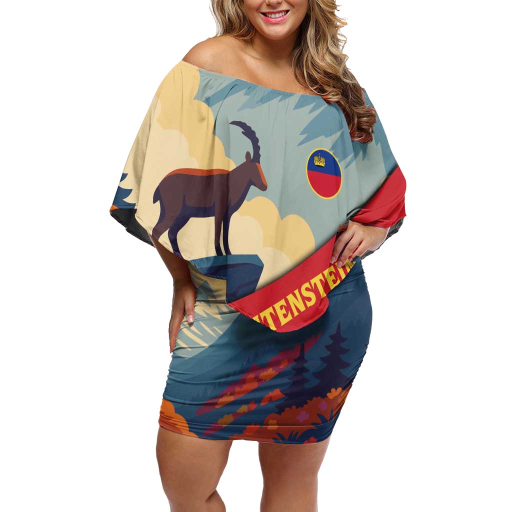 Liechtenstein Off Shoulder Short Dress with Mountain Goat Landscape Design and Red Blue Alps - Wonder Print Shop