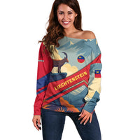 Liechtenstein Off Shoulder Sweater with Mountain Goat Landscape Design and Red Blue Alps - Wonder Print Shop
