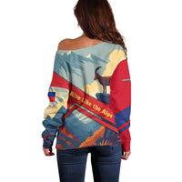 Liechtenstein Off Shoulder Sweater with Mountain Goat Landscape Design and Red Blue Alps - Wonder Print Shop