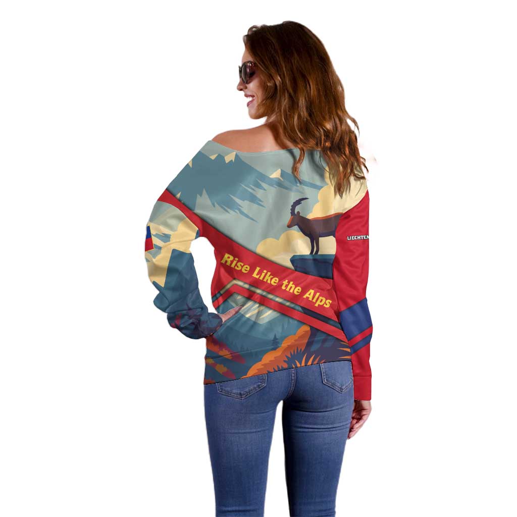 Liechtenstein Off Shoulder Sweater with Mountain Goat Landscape Design and Red Blue Alps - Wonder Print Shop