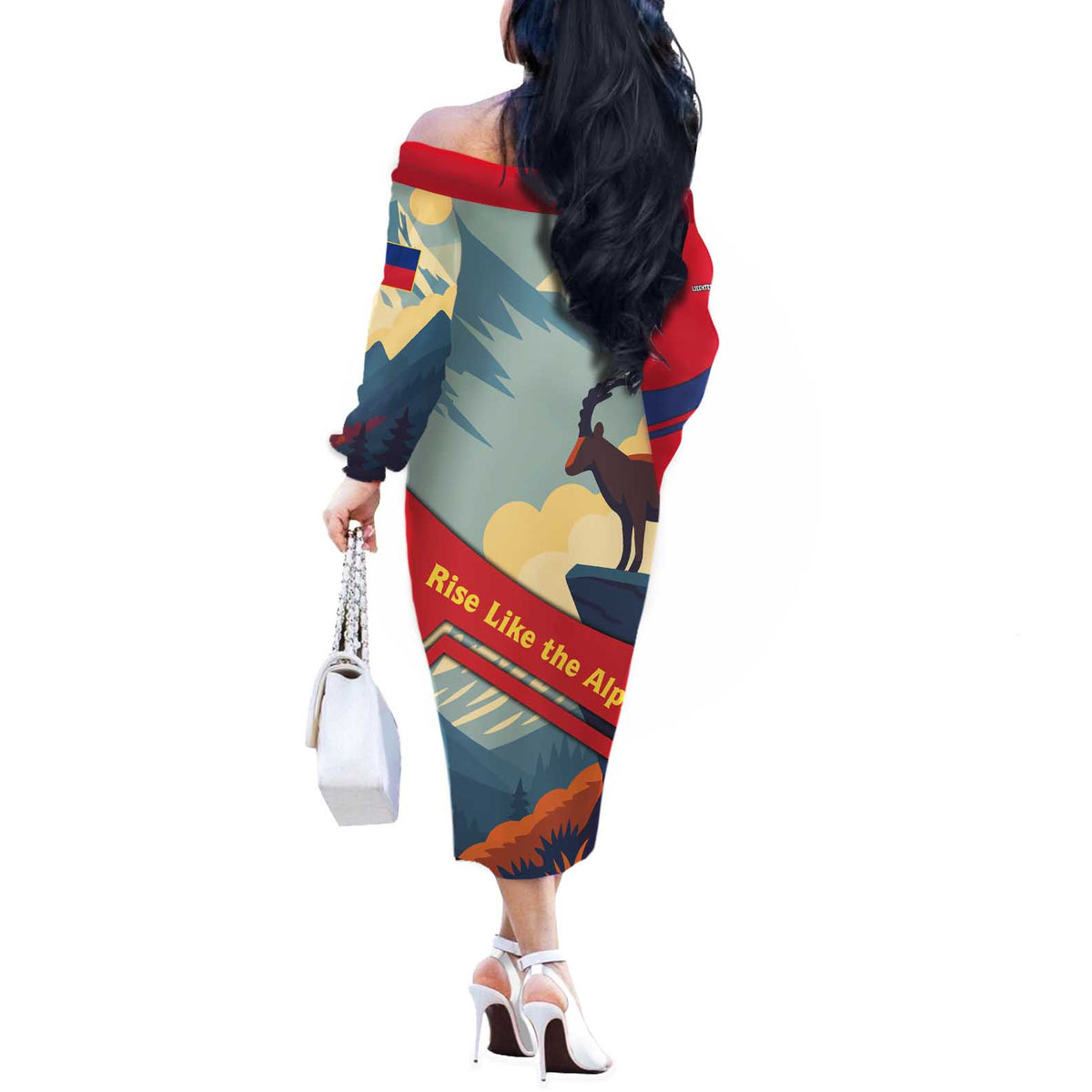 Liechtenstein Off The Shoulder Long Sleeve Dress with Mountain Goat Landscape Design and Red Blue Alps - Wonder Print Shop