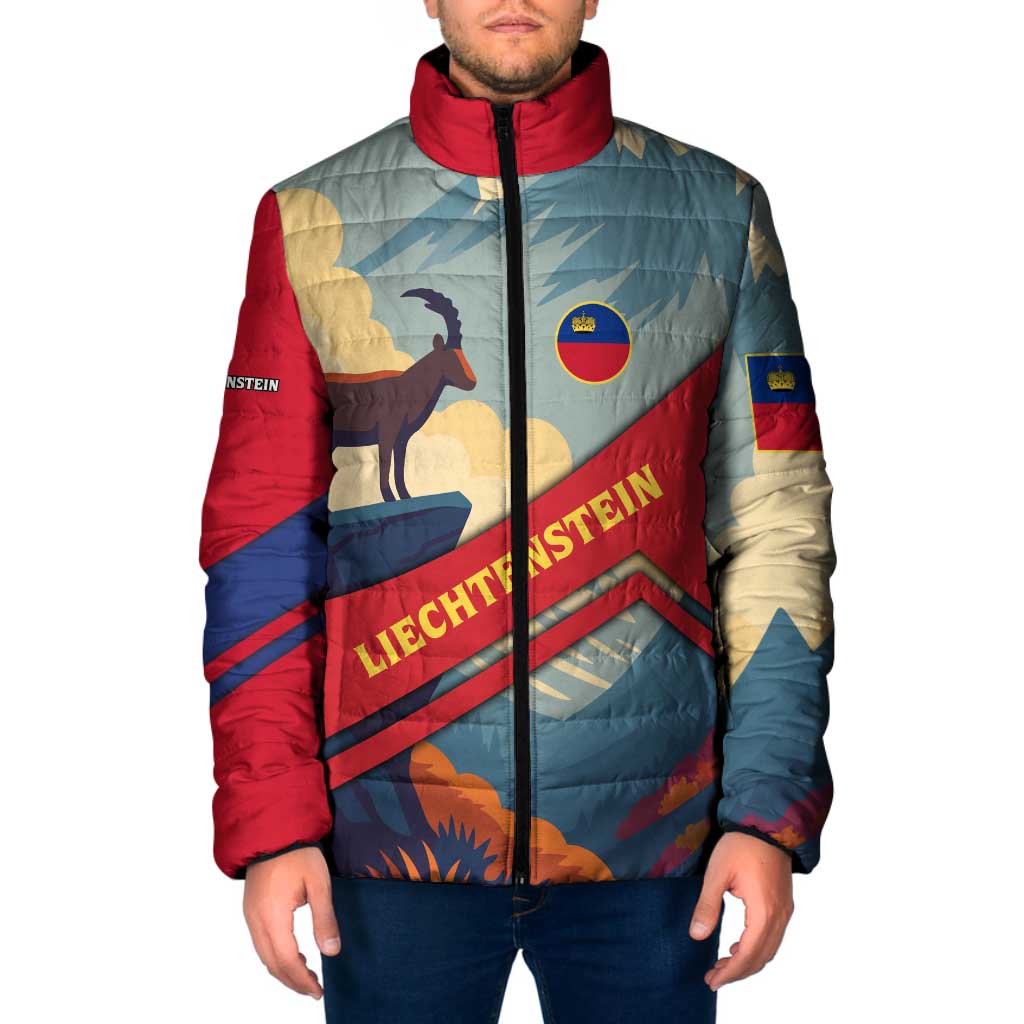 Liechtenstein Padded Jacket with Mountain Goat Landscape Design and Red Blue Alps - Wonder Print Shop