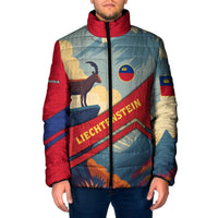 Liechtenstein Padded Jacket with Mountain Goat Landscape Design and Red Blue Alps - Wonder Print Shop