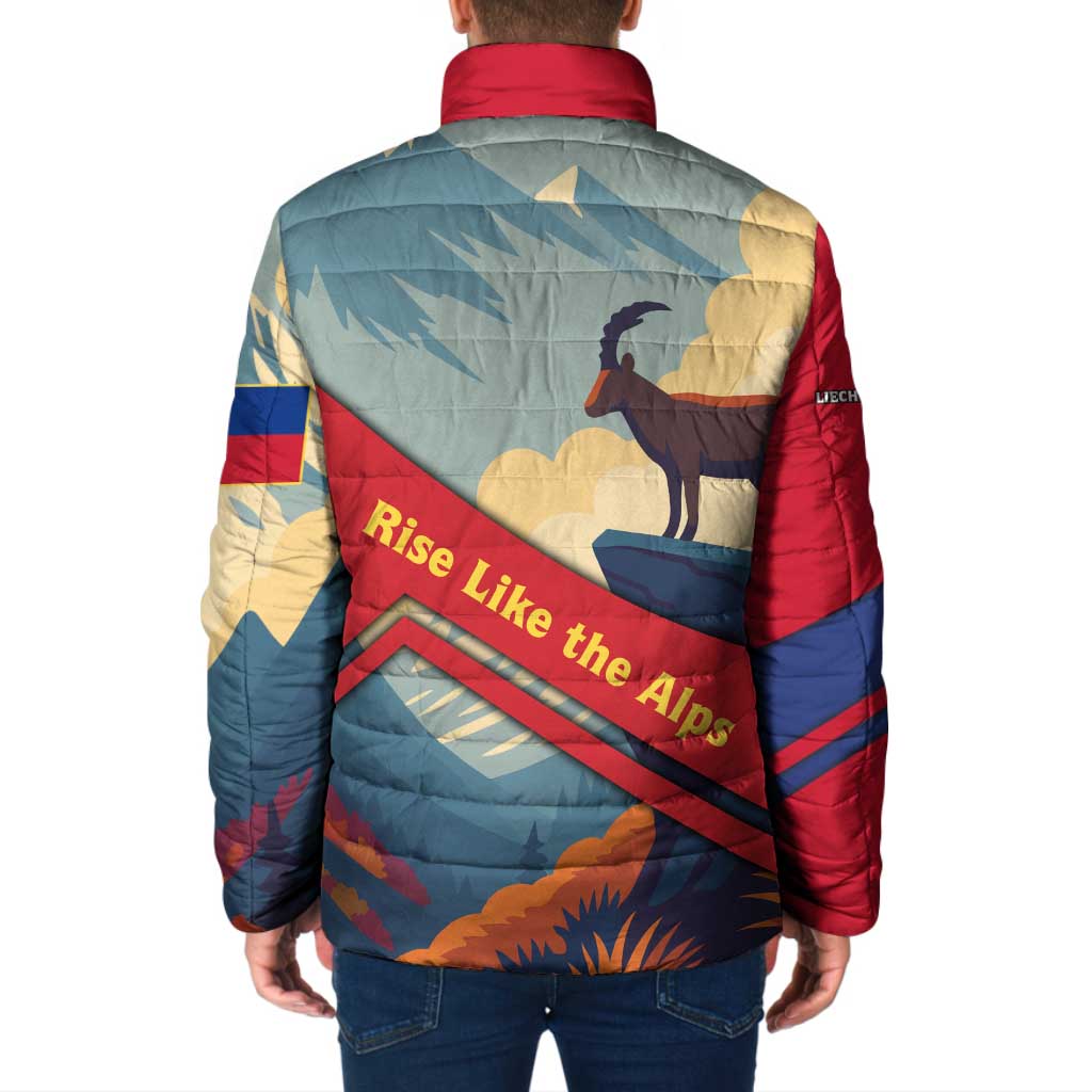 Liechtenstein Padded Jacket with Mountain Goat Landscape Design and Red Blue Alps - Wonder Print Shop