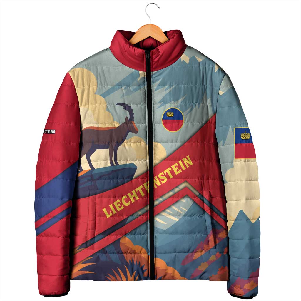 Liechtenstein Padded Jacket with Mountain Goat Landscape Design and Red Blue Alps - Wonder Print Shop
