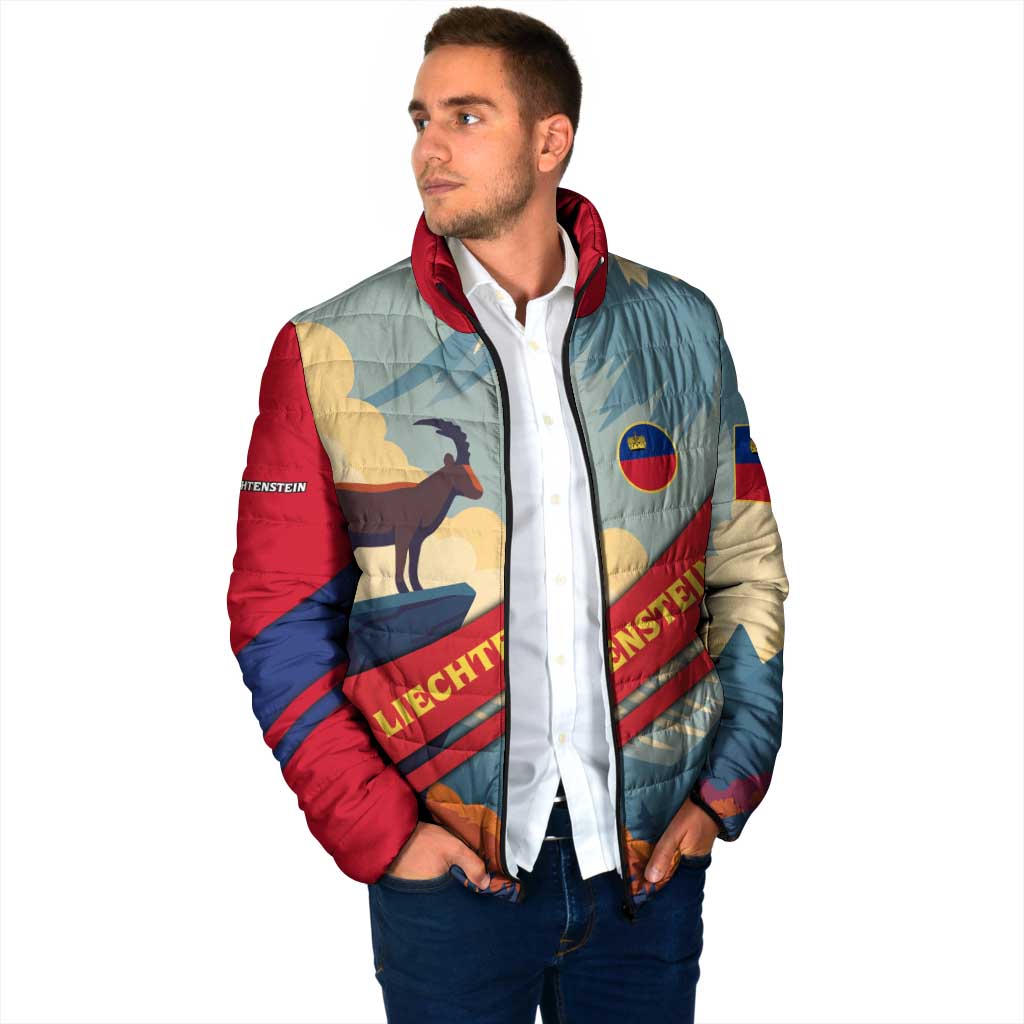 Liechtenstein Padded Jacket with Mountain Goat Landscape Design and Red Blue Alps - Wonder Print Shop