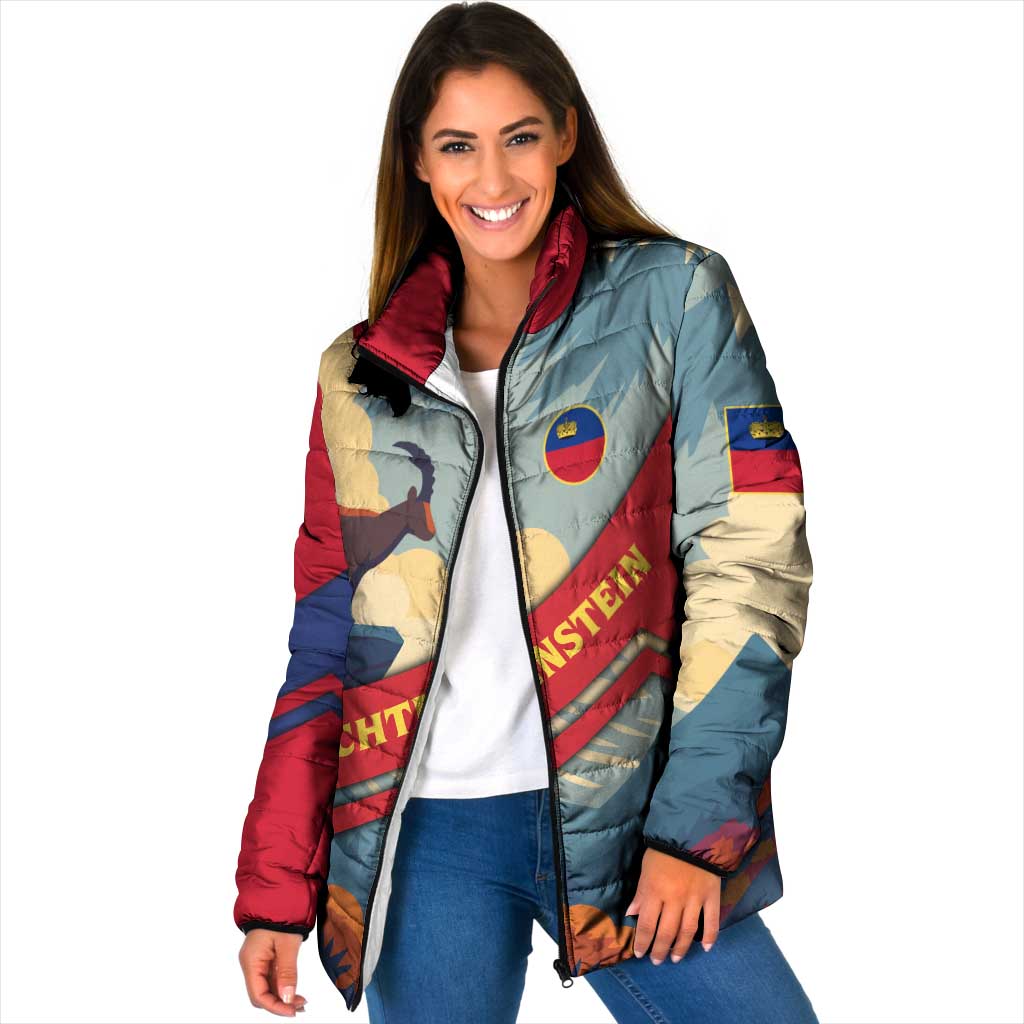 Liechtenstein Padded Jacket with Mountain Goat Landscape Design and Red Blue Alps - Wonder Print Shop