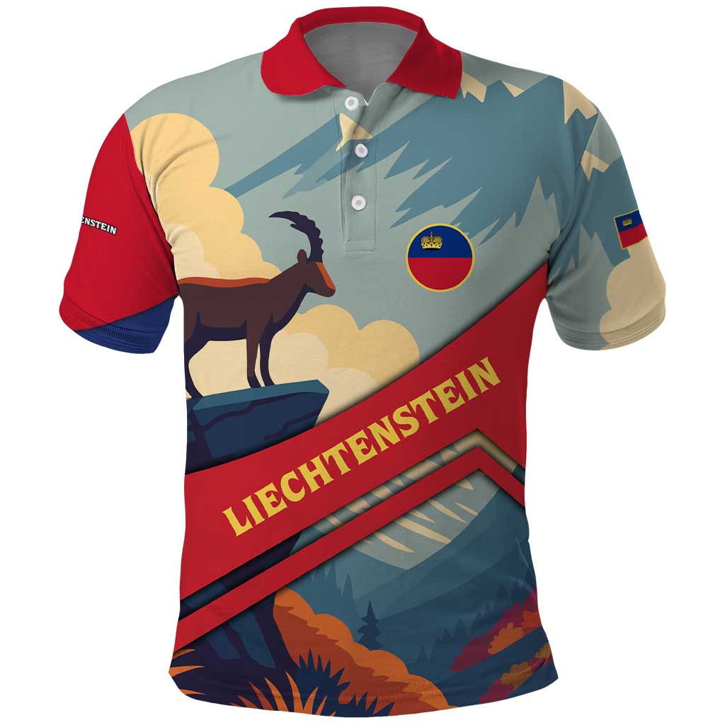 Liechtenstein Polo Shirt with Mountain Goat Landscape Design and Red Blue Alps - Wonder Print Shop