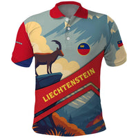 Liechtenstein Polo Shirt with Mountain Goat Landscape Design and Red Blue Alps - Wonder Print Shop