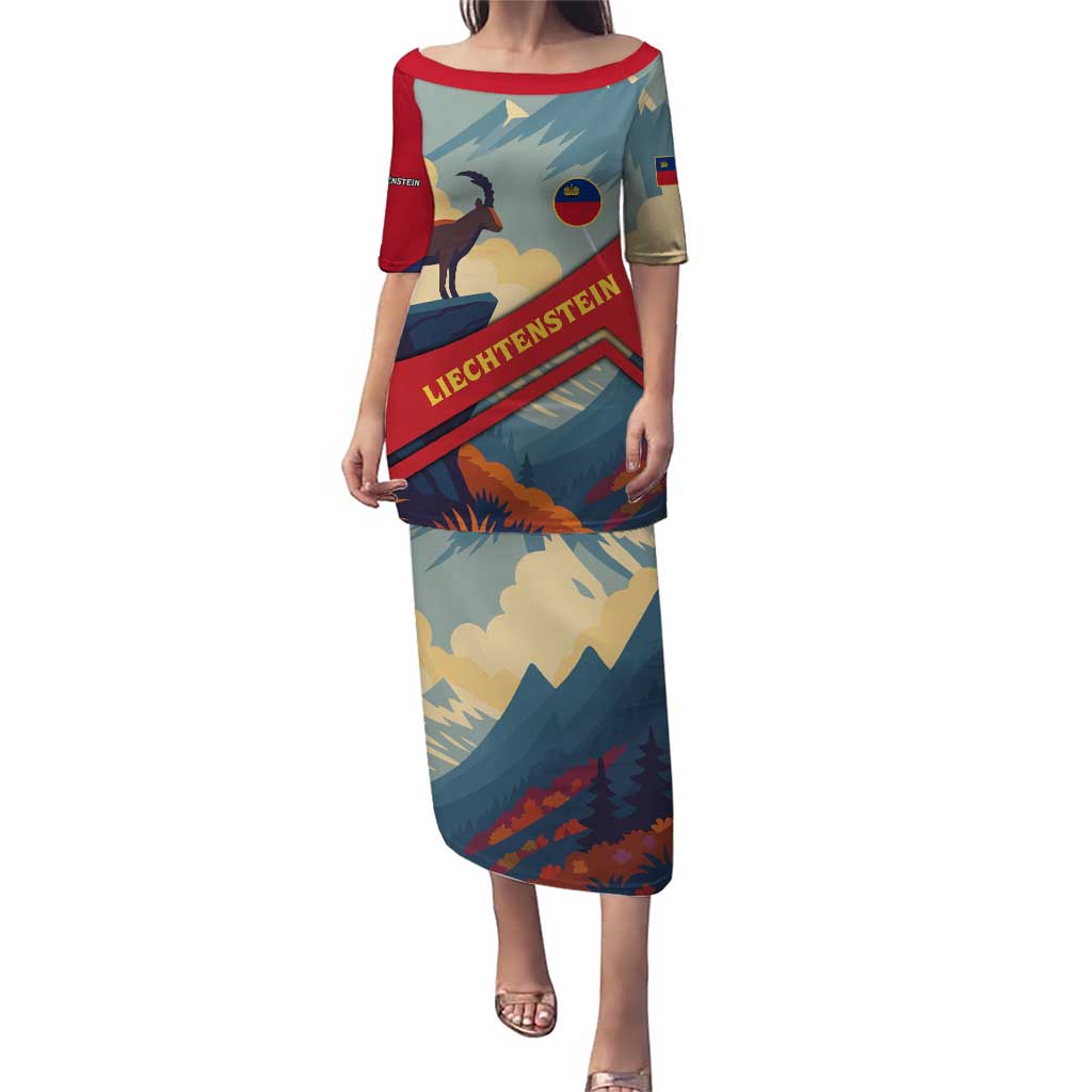 Liechtenstein Puletasi with Mountain Goat Landscape Design and Red Blue Alps - Wonder Print Shop