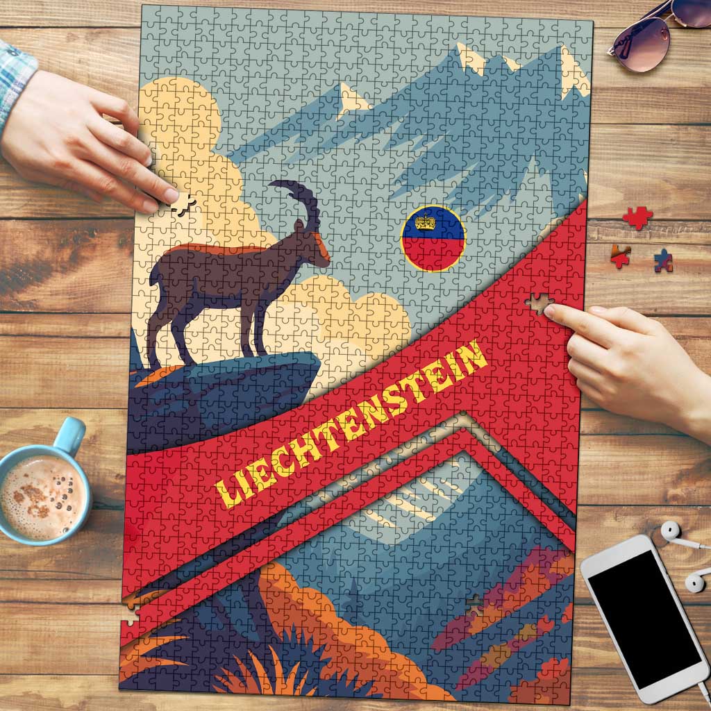 Liechtenstein Puzzle with Mountain Goat Landscape Design and Red Blue Alps - Wonder Print Shop