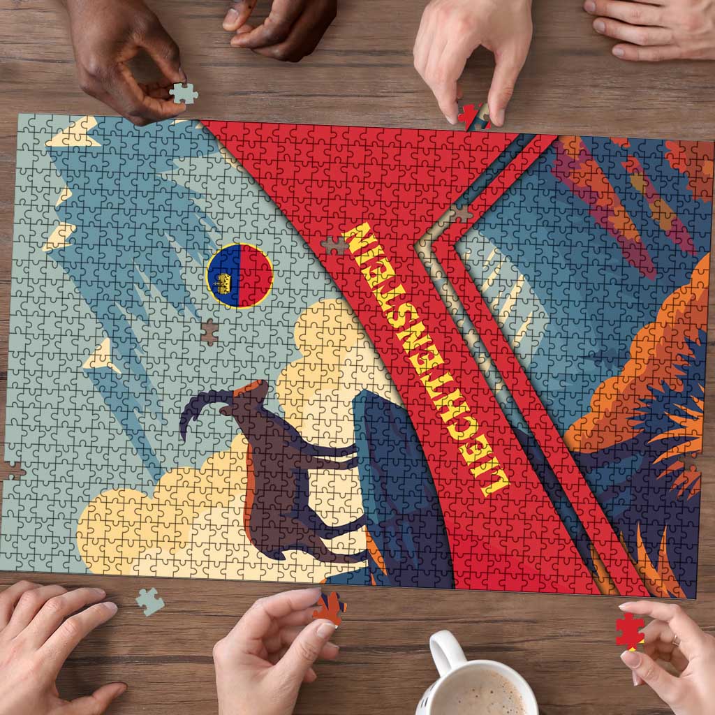 Liechtenstein Puzzle with Mountain Goat Landscape Design and Red Blue Alps - Wonder Print Shop