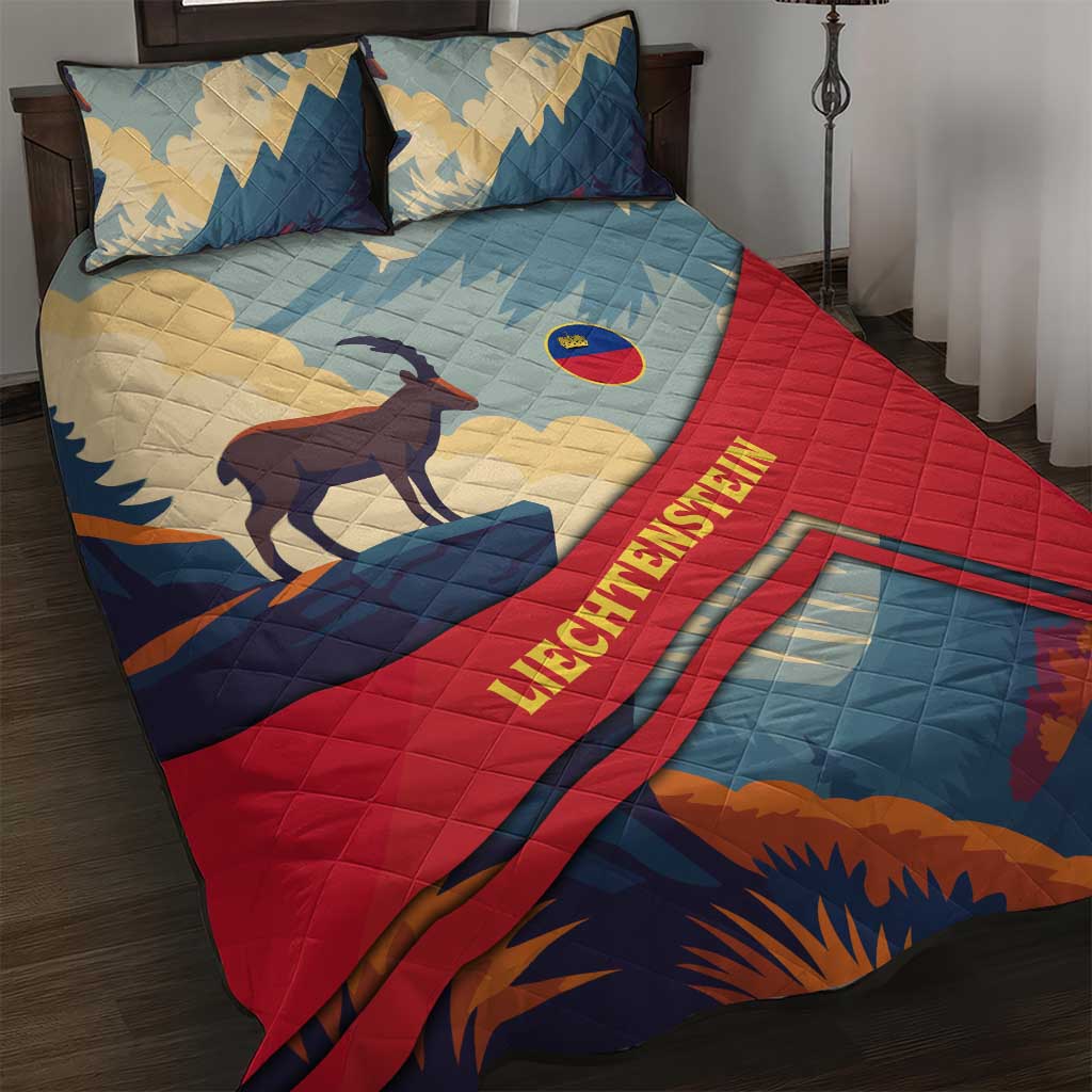Liechtenstein Quilt Bed Set with Mountain Goat Landscape Design and Red Blue Alps - Wonder Print Shop