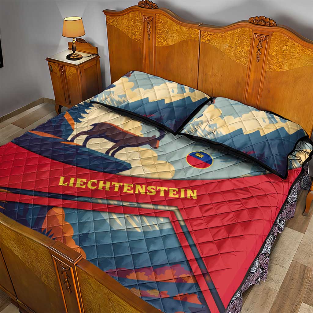 Liechtenstein Quilt Bed Set with Mountain Goat Landscape Design and Red Blue Alps - Wonder Print Shop