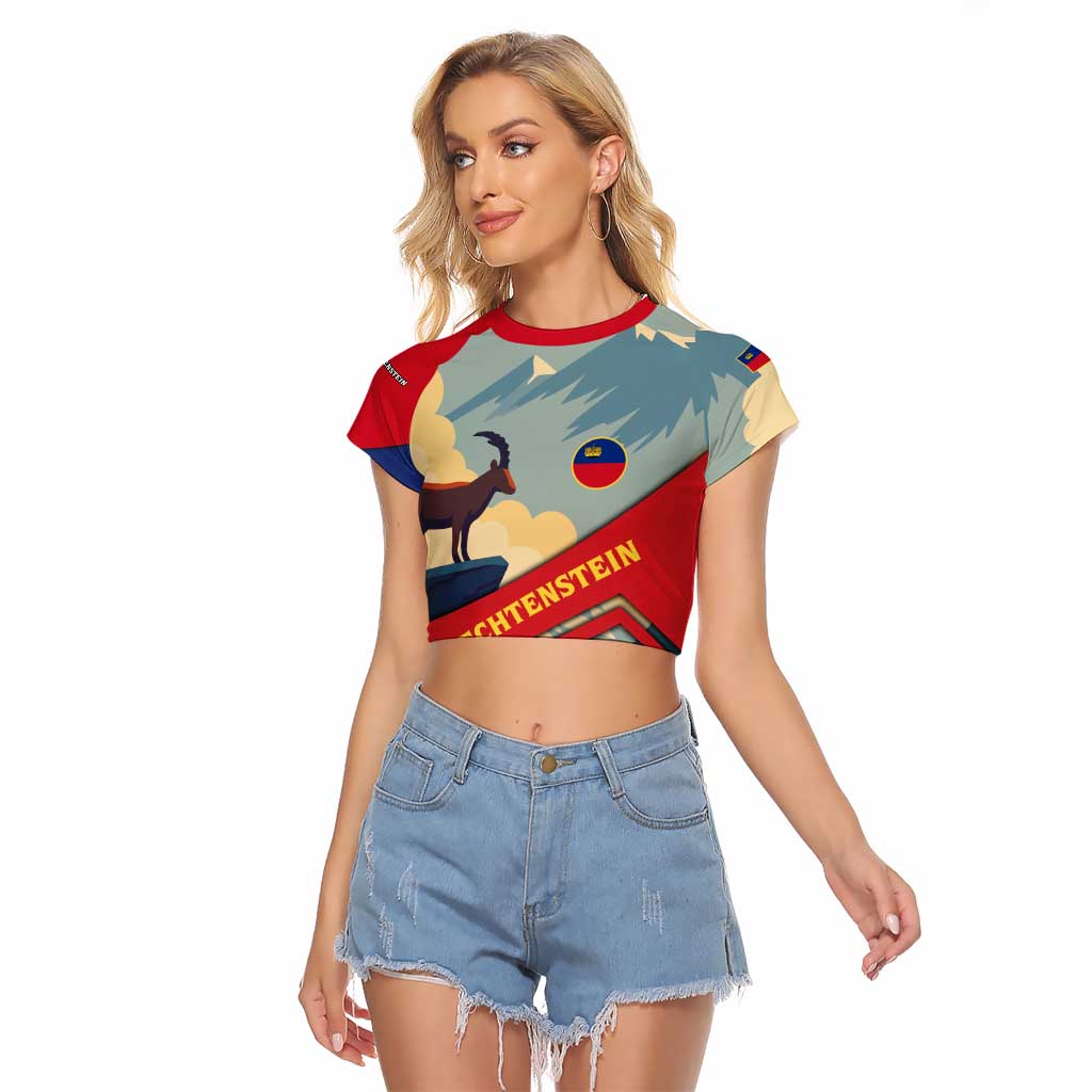Liechtenstein Raglan Cropped T Shirt with Mountain Goat Landscape Design and Red Blue Alps - Wonder Print Shop