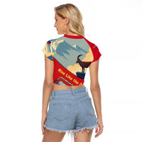 Liechtenstein Raglan Cropped T Shirt with Mountain Goat Landscape Design and Red Blue Alps - Wonder Print Shop