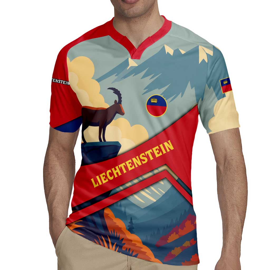 Liechtenstein Rugby Jersey with Mountain Goat Landscape Design and Red Blue Alps - Wonder Print Shop