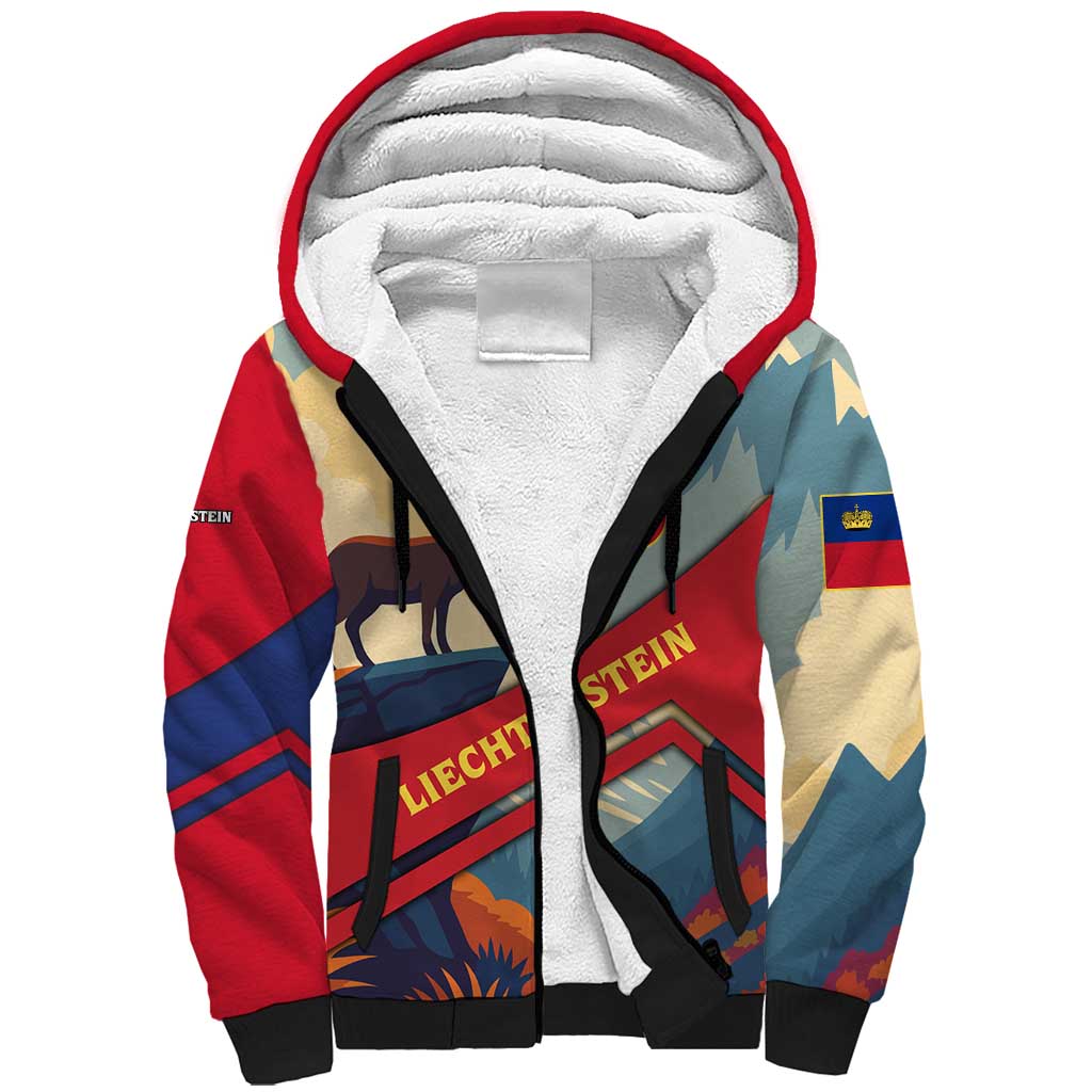 Liechtenstein Sherpa Hoodie with Mountain Goat Landscape Design and Red Blue Alps - Wonder Print Shop
