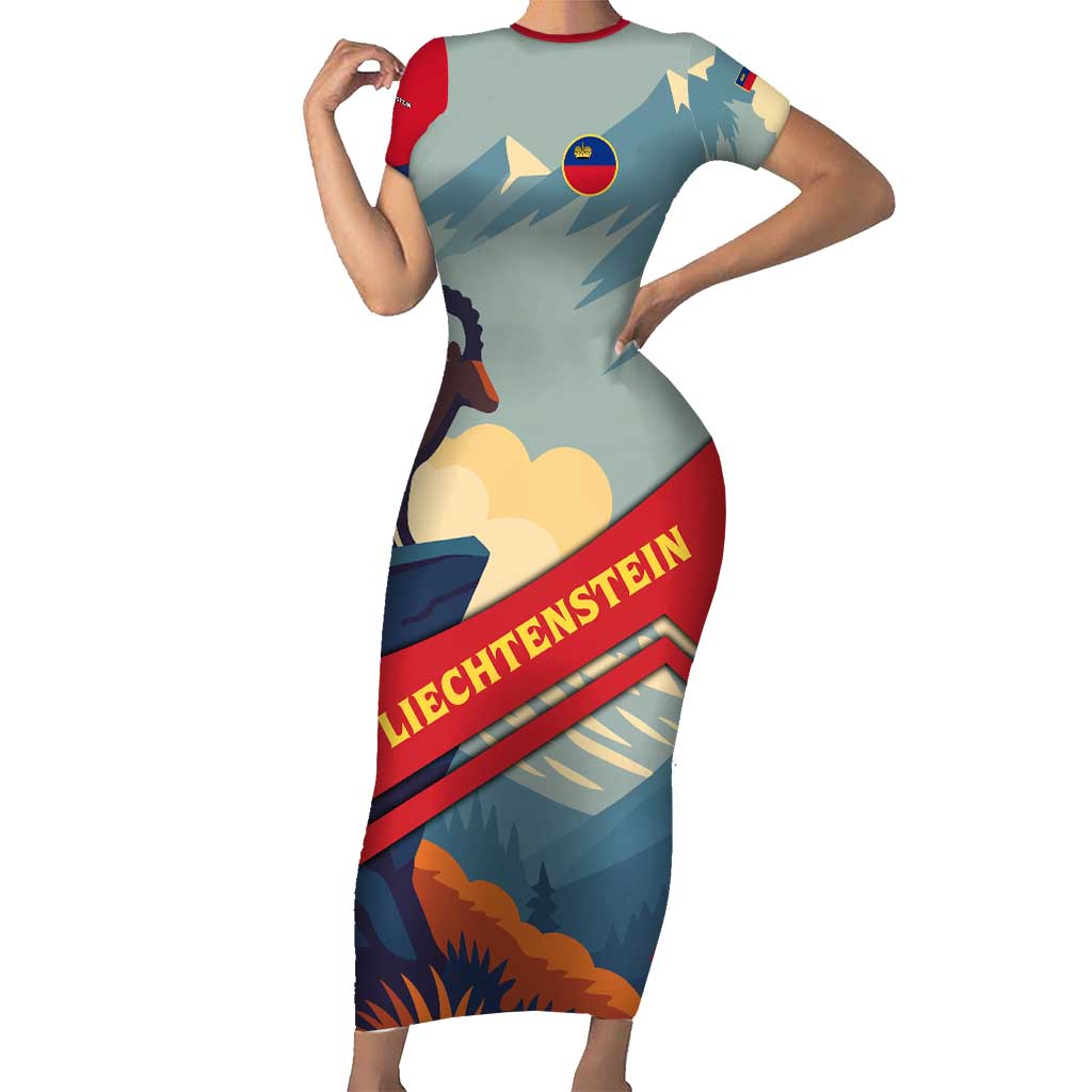 Liechtenstein Short Sleeve Bodycon Dress with Mountain Goat Landscape Design and Red Blue Alps - Wonder Print Shop