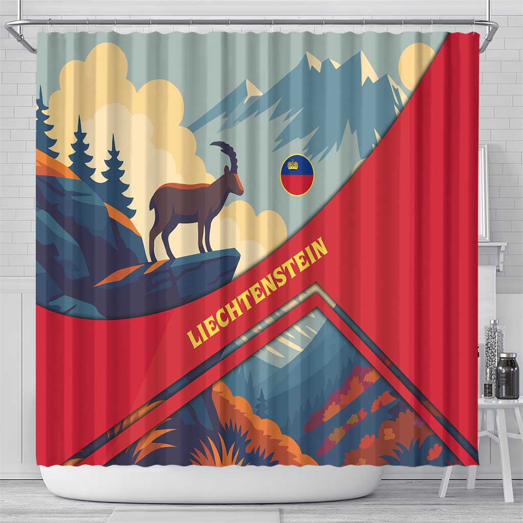 Liechtenstein Shower Curtain with Mountain Goat Landscape Design and Red Blue Alps - Wonder Print Shop