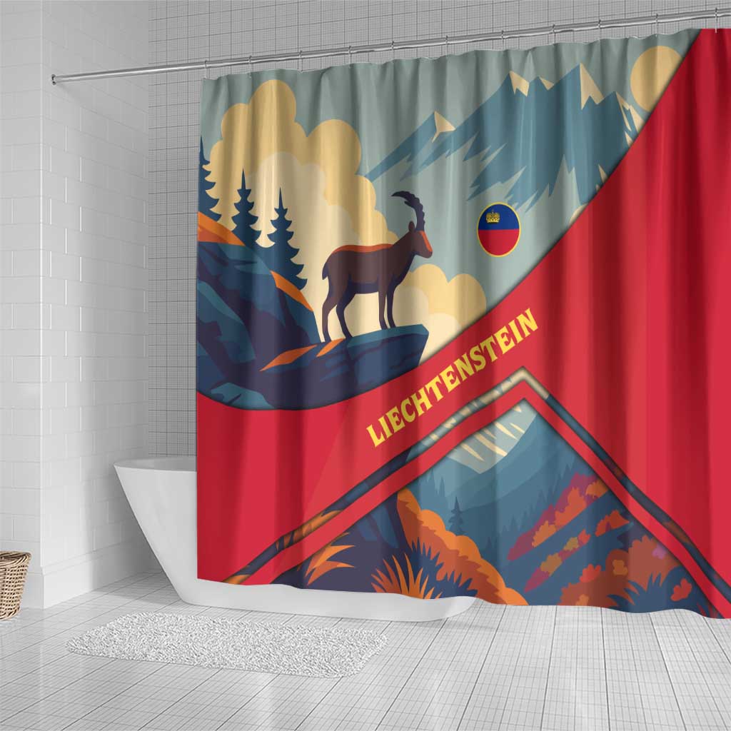 Liechtenstein Shower Curtain with Mountain Goat Landscape Design and Red Blue Alps - Wonder Print Shop