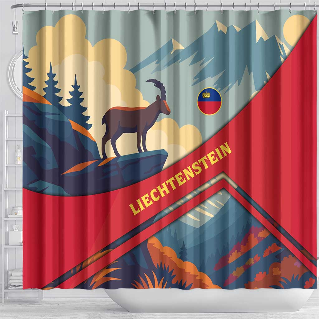 Liechtenstein Shower Curtain with Mountain Goat Landscape Design and Red Blue Alps - Wonder Print Shop