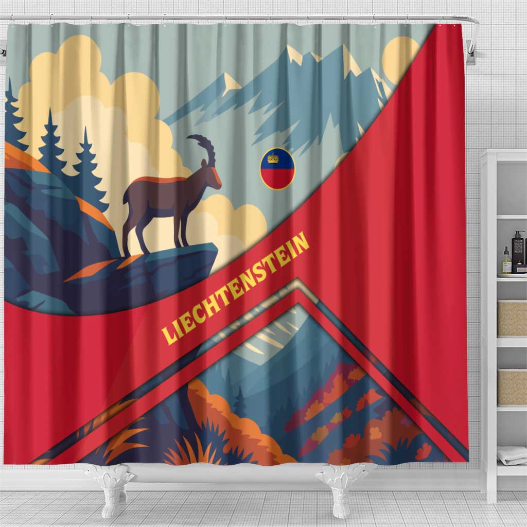 Liechtenstein Shower Curtain with Mountain Goat Landscape Design and Red Blue Alps - Wonder Print Shop