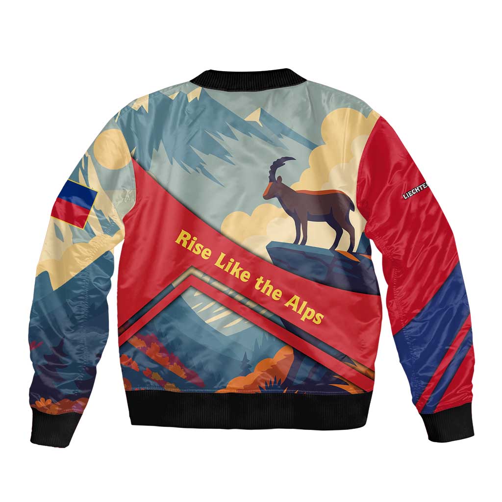Liechtenstein Sleeve Zip Bomber Jacket with Mountain Goat Landscape Design and Red Blue Alps - Wonder Print Shop