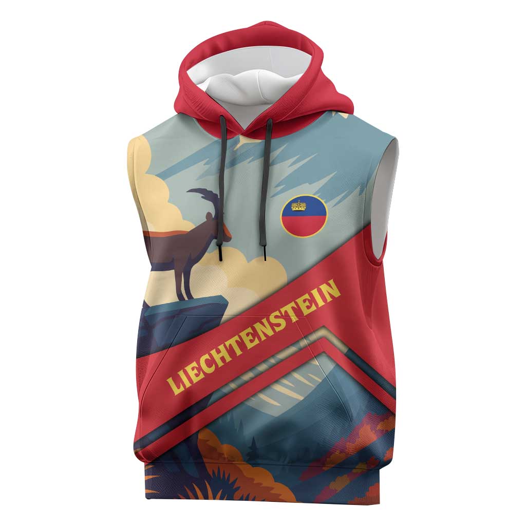 Liechtenstein Sleeveless Hoodie with Mountain Goat Landscape Design and Red Blue Alps - Wonder Print Shop