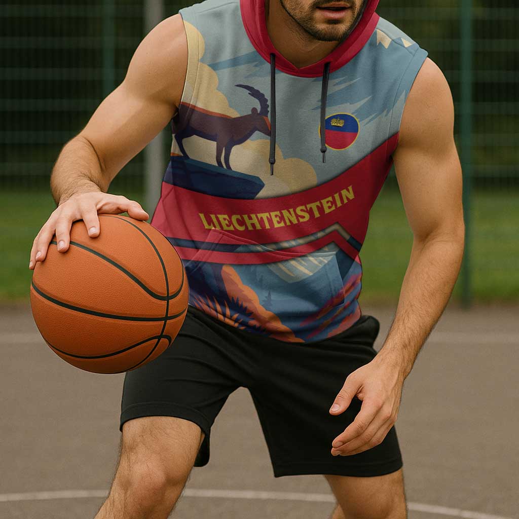 Liechtenstein Sleeveless Hoodie with Mountain Goat Landscape Design and Red Blue Alps - Wonder Print Shop