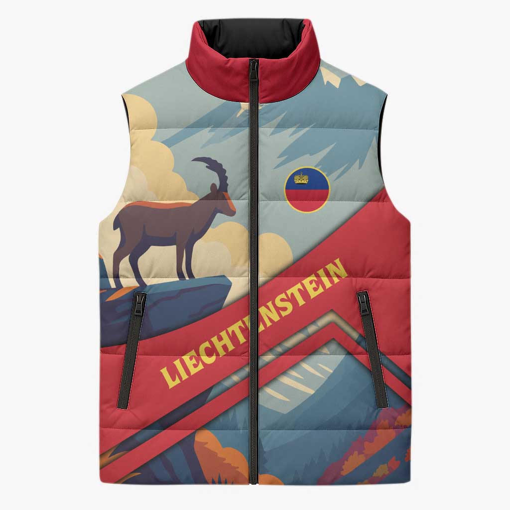 Liechtenstein Sleeveless Puffer Jacket with Mountain Goat Landscape Design and Red Blue Alps - Wonder Print Shop