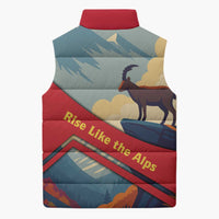 Liechtenstein Sleeveless Puffer Jacket with Mountain Goat Landscape Design and Red Blue Alps - Wonder Print Shop