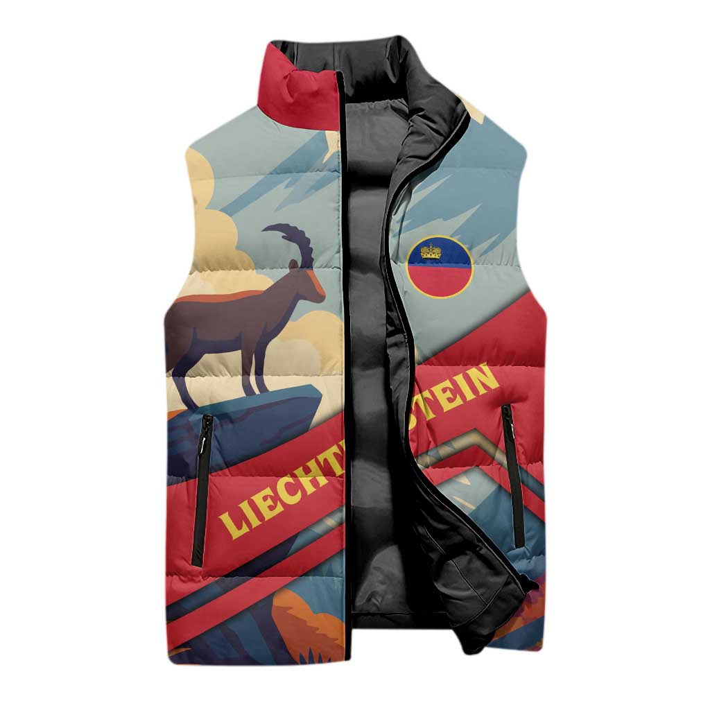 Liechtenstein Sleeveless Puffer Jacket with Mountain Goat Landscape Design and Red Blue Alps - Wonder Print Shop