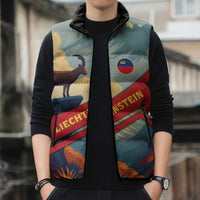 Liechtenstein Sleeveless Puffer Jacket with Mountain Goat Landscape Design and Red Blue Alps - Wonder Print Shop