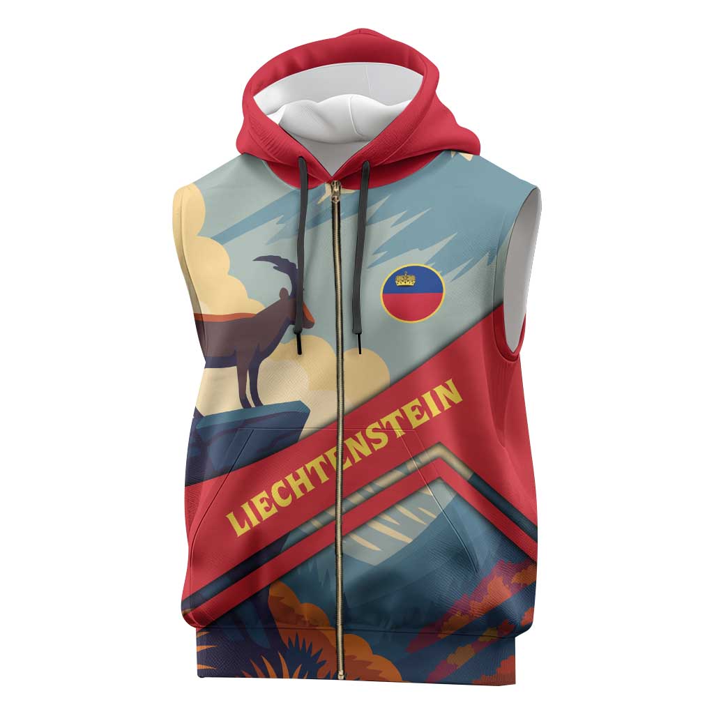Liechtenstein Sleeveless Zip Hoodie with Mountain Goat Landscape Design and Red Blue Alps - Wonder Print Shop