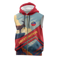 Liechtenstein Sleeveless Zip Hoodie with Mountain Goat Landscape Design and Red Blue Alps - Wonder Print Shop