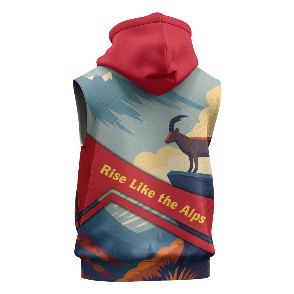 Liechtenstein Sleeveless Zip Hoodie with Mountain Goat Landscape Design and Red Blue Alps - Wonder Print Shop