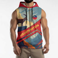 Liechtenstein Sleeveless Zip Hoodie with Mountain Goat Landscape Design and Red Blue Alps - Wonder Print Shop
