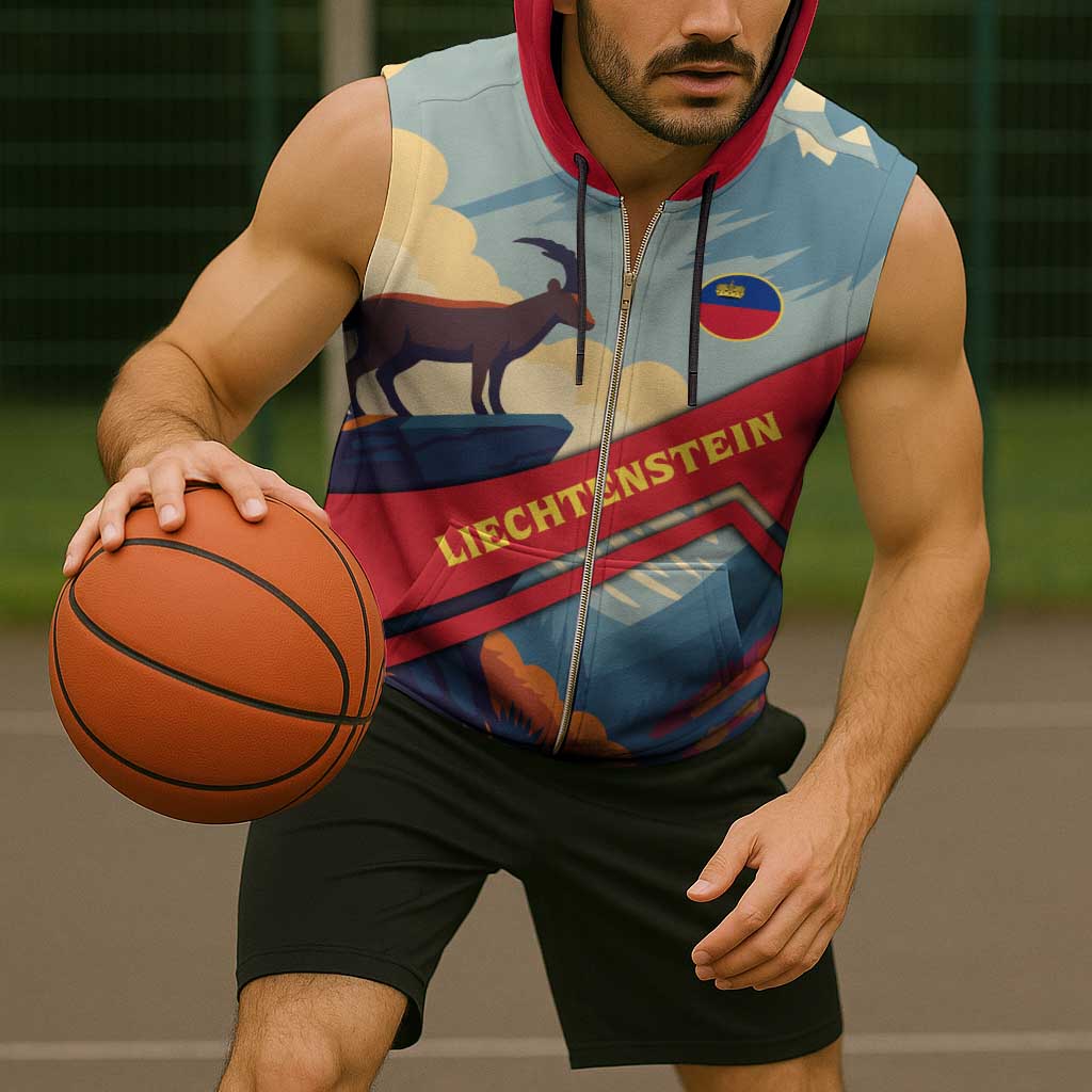 Liechtenstein Sleeveless Zip Hoodie with Mountain Goat Landscape Design and Red Blue Alps - Wonder Print Shop