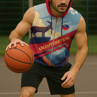 Liechtenstein Sleeveless Zip Hoodie with Mountain Goat Landscape Design and Red Blue Alps - Wonder Print Shop