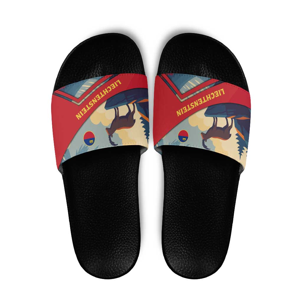 Liechtenstein Slide Sandals with Mountain Goat Landscape Design and Red Blue Alps - Wonder Print Shop