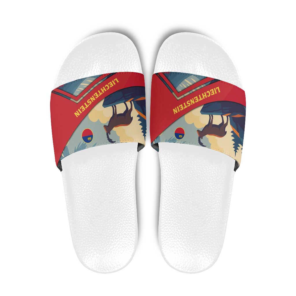 Liechtenstein Slide Sandals with Mountain Goat Landscape Design and Red Blue Alps - Wonder Print Shop