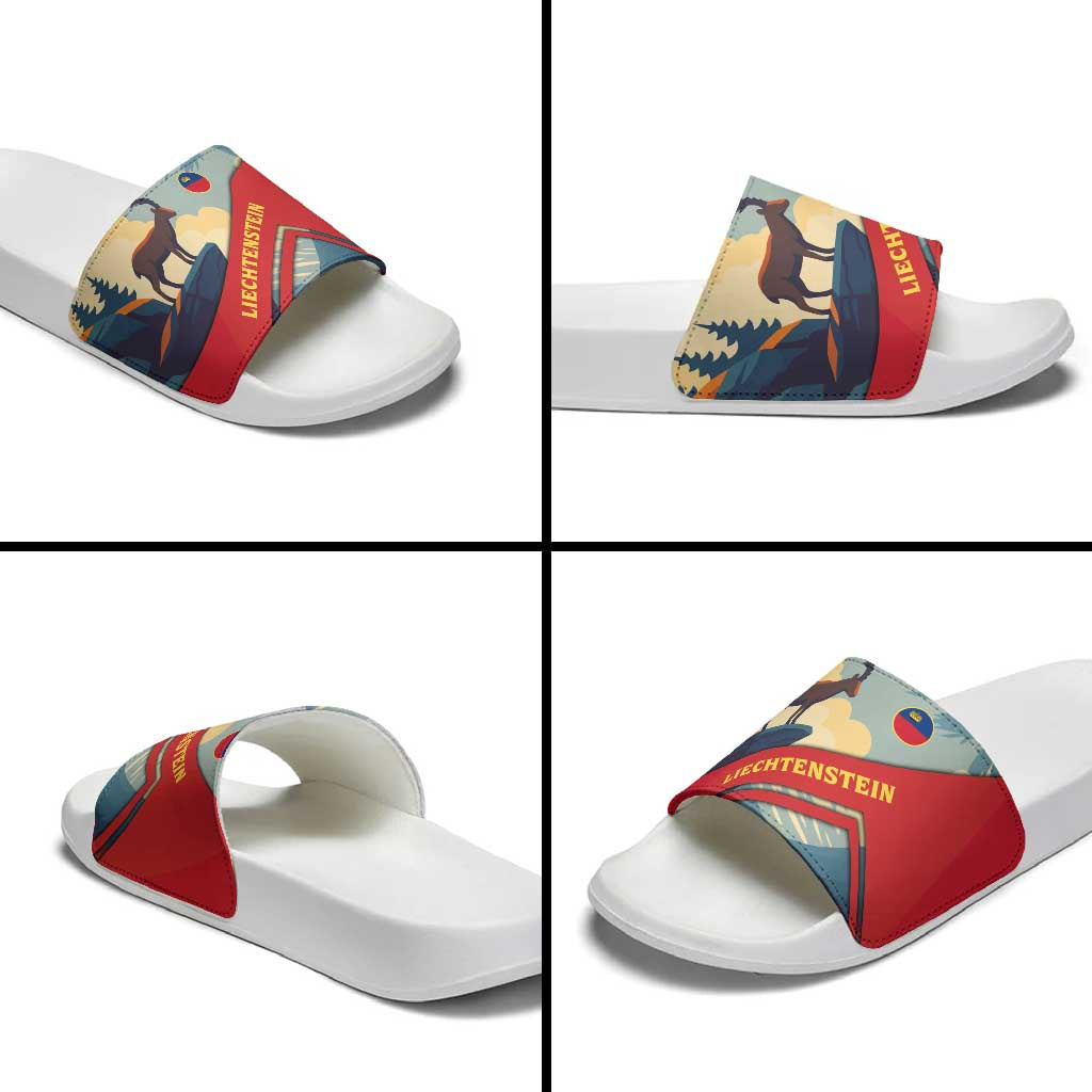 Liechtenstein Slide Sandals with Mountain Goat Landscape Design and Red Blue Alps - Wonder Print Shop