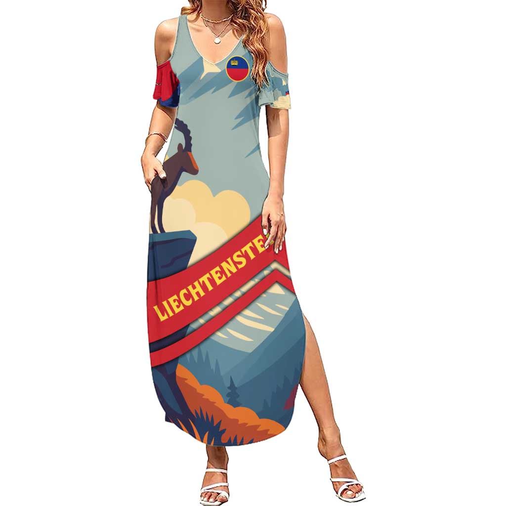 Liechtenstein Summer Maxi Dress with Mountain Goat Landscape Design and Red Blue Alps - Wonder Print Shop