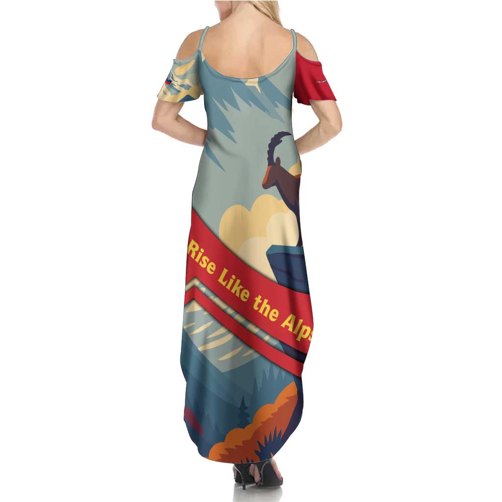 Liechtenstein Summer Maxi Dress with Mountain Goat Landscape Design and Red Blue Alps - Wonder Print Shop