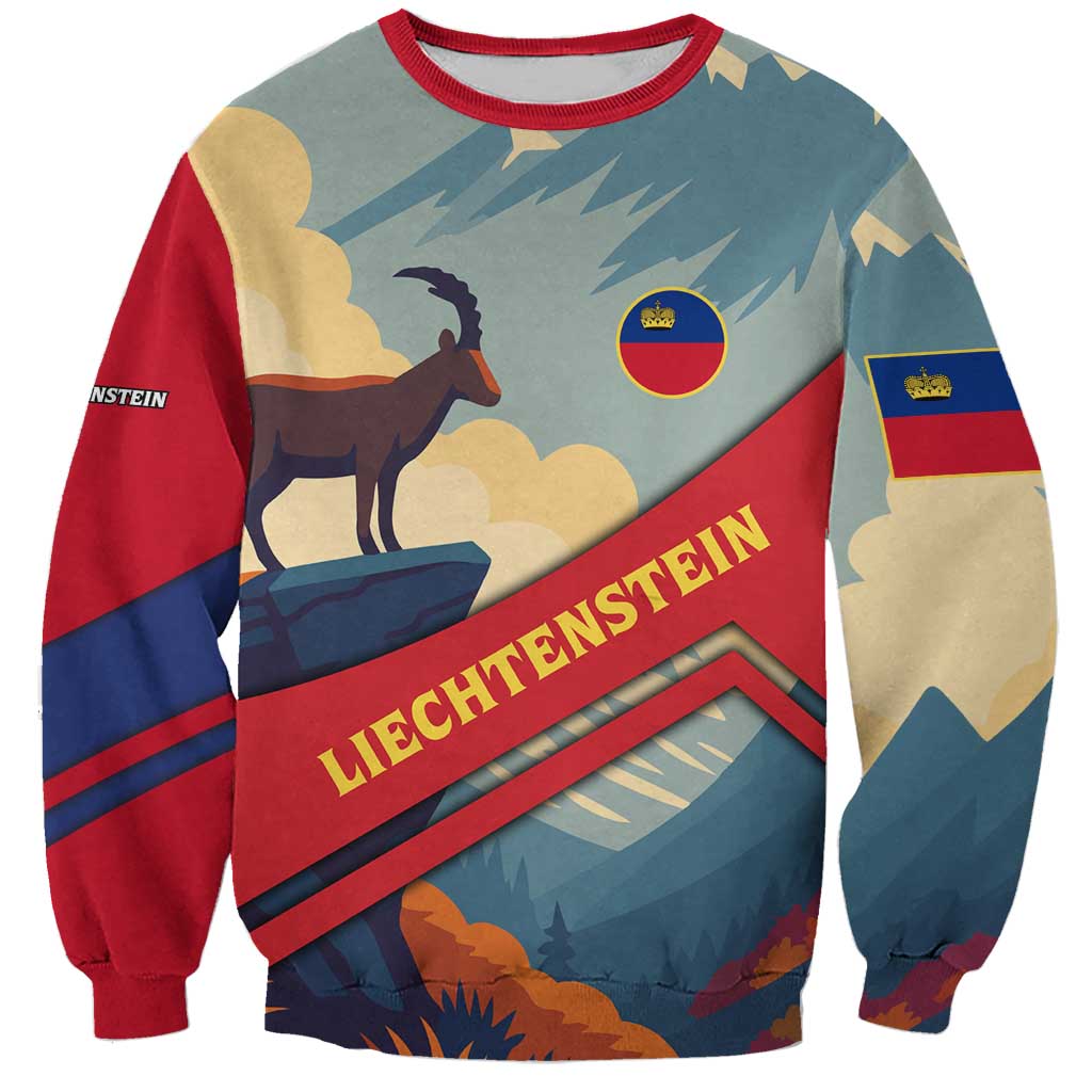 Liechtenstein Sweatshirt with Mountain Goat Landscape Design and Red Blue Alps - Wonder Print Shop