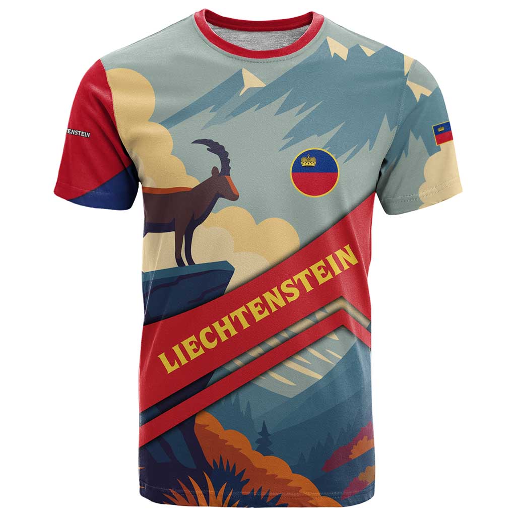 Liechtenstein T Shirt with Mountain Goat Landscape Design and Red Blue Alps - Wonder Print Shop