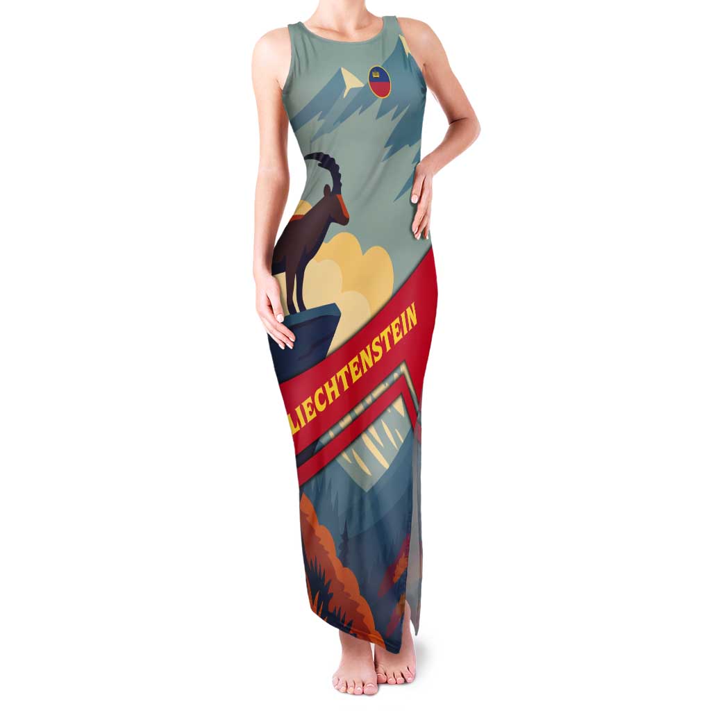 Liechtenstein Tank Maxi Dress with Mountain Goat Landscape Design and Red Blue Alps - Wonder Print Shop