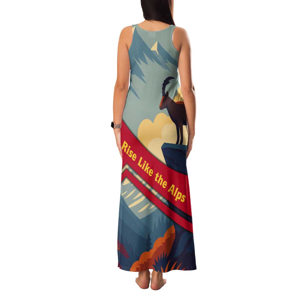 Liechtenstein Tank Maxi Dress with Mountain Goat Landscape Design and Red Blue Alps - Wonder Print Shop