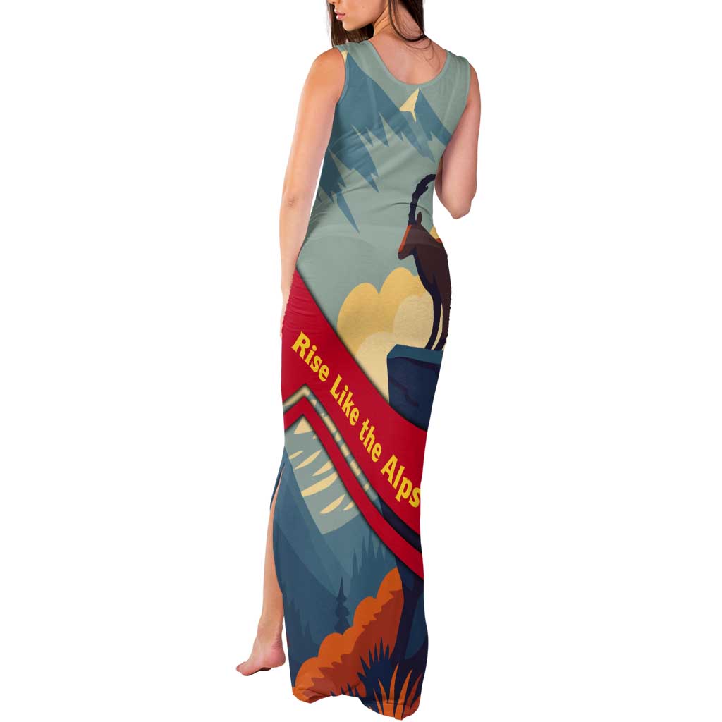 Liechtenstein Tank Maxi Dress with Mountain Goat Landscape Design and Red Blue Alps - Wonder Print Shop